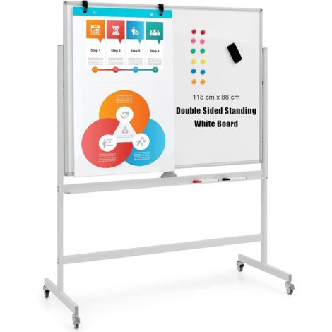 GOPLUS Lavagna Magnetica Bianca a Rotolamento, Grande Lavagna Portatile con Supporto, Lavagna Reversibile Veloce, Altezza Regolabile, Lavagna Bifacciale con Ruote per Casa, Ufficio, Scuola, 120 x 90 c
