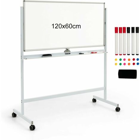 GOPLUS Lavagna Magnetica Bifacciale con Ruote, Lavagna in Stile Cavalletto Regolabile in Altezza, Lavagna Magnetica a Rotolamento Reversibile per Ufficio, Aula, Casa, 120 x 60 cm (Bianco)