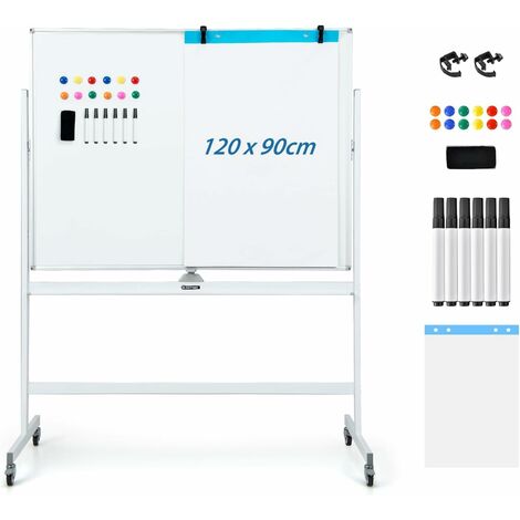 GOPLUS Lavagna Magnetica con 4 Ruote, Lavagna Bifacciale con Set di Accessori, Cancellabile a Secco, Lavagna Mobile Regolabile in Altezza, per Scuola, Ufficio, Casa (120 x 90cm, Bianco)