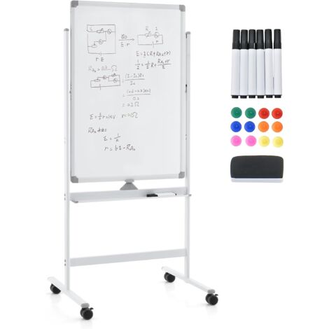 GOPLUS Lavagna Magnetica con 4 Ruote, Lavagna Bifacciale con Set di Accessori, Cancellabile a Secco, Lavagna Mobile Regolabile in Altezza, per Scuola, Ufficio, Casa (60 x 90cm, Bianco)