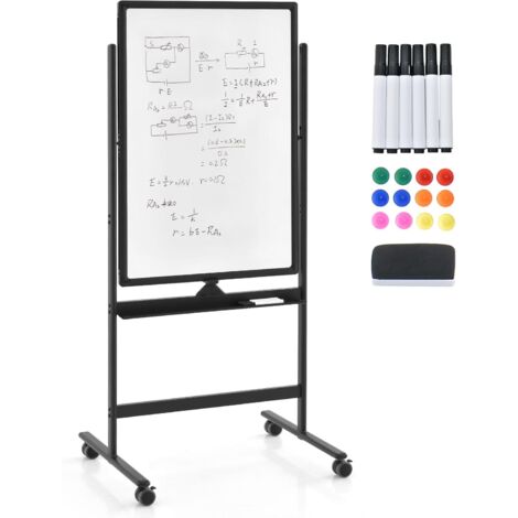 GOPLUS Lavagna Magnetica con 4 Ruote, Lavagna Bifacciale con Set di Accessori, Cancellabile a Secco, Lavagna Mobile Regolabile in Altezza, per Scuola, Ufficio, Casa (60 x 90cm, Nero)