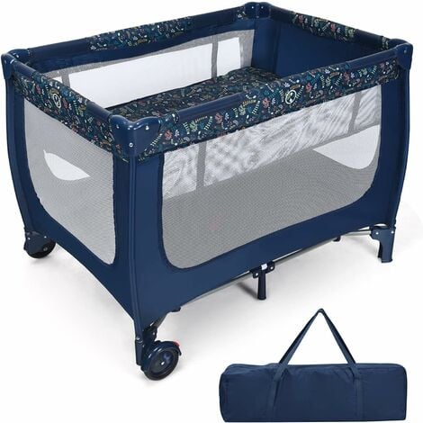 GOPLUS Lettino Neonati Portatile, Culla Pieghevole da Trasporto a 2 Ripiani, Ruote Bloccabili, Recinzione a Rete, Età Consigliata di 0-36 Mesi, 125x65x76 cm, Blu/Grigio