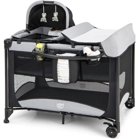 GOPLUS Lettino per Bambini, Lettino da Viaggio Pieghevole 5 in 1, con Fasciatoio, Materasso, Altezza Regolabile, Giocattolo da Appendere, per Bambini da 0 a 36 Mesi, 110 x 78 x 78 cm (Nero)
