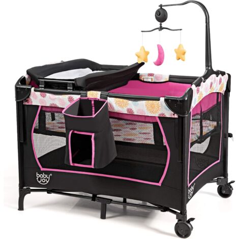 GOPLUS Lettino per Bambino con Materasso Morbido, Lettino Pieghevole con 4 Ruote, LettoPortatileda Viaggioper Neonati,102x72x80,5 cm (Rosa)