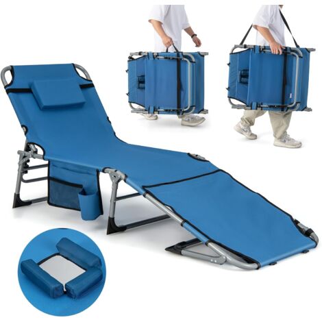 GOPLUS Lettino Prendisole Pieghevole, Lettino a Sdraio Regolabile con Cuscino Rimovibile, 5 Posizioni dello Schienale, Sdraio Portatile con Tracolla e Maniglia per Spiaggia (Blu)