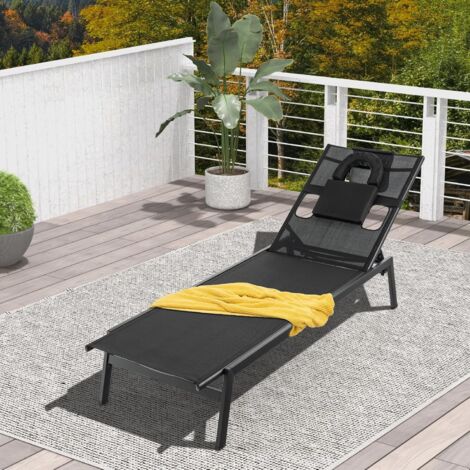 GOPLUS Lettino Sedia a Sdraio con Foro per il Viso, in Metallo con Schienale Regolabile a 5 Livelli e Cuscino Rimovibile, Sedia Abbronzante per Piscina, Giardino, Terrazza