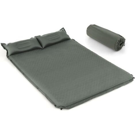 GOPLUS Letto Gonfiabile da Campeggio, Materasso Gonfiabile in PVC e Spugna con Cuscini, Facile da Sgonfiare e Trasportare, 186 x 130 x 3,5 cm (verde scuro)