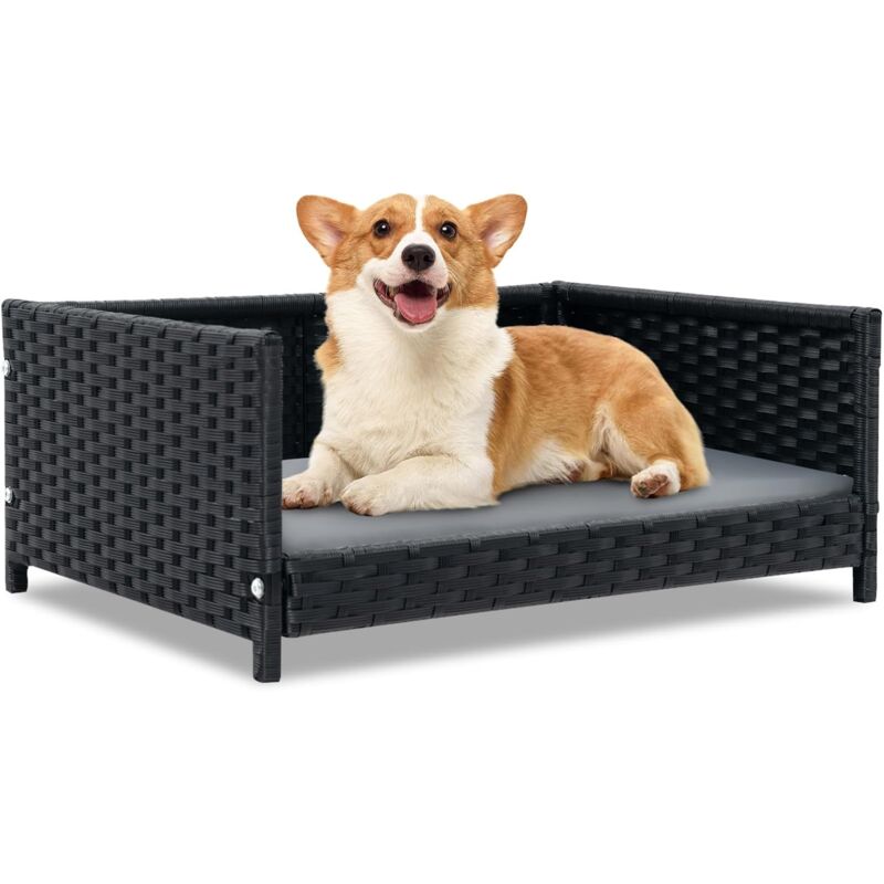 Image of Letto per Cani in Rattan con Cuscino, Divano Letto in Vimini Rialzato per Animali Domestici con Cuscino Rimovibile, Telaio in Metallo, Piedini