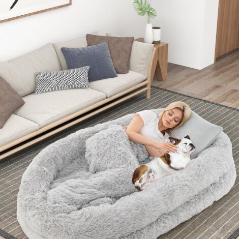 GOPLUS Letto Umano per Cani per Adulti, Gigante per Famiglie con Animali Domestici, con Coperta Morbida, Cuscino, Cinghia, Letto in Pelliccia Sintetica Lavabile, 171 x 115 x 25 cm (Grigio)