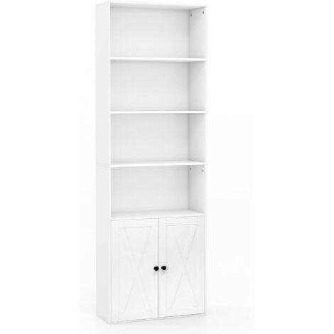 GOPLUS Libreria a 6 Ripiani, Libreria Moderna con Porte, Armadio di Stoccaggio Versatile con Scaffale Espositivo e Ripiano Regolabile per Ufficio, Soggiorno, Studio, 60 x 24 x 180 cm, Bianco