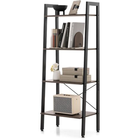 GOPLUS Libreria a Scala 4 Ripiani, 56 x 34 x 138 cm, Scaffale Libreria Stile Industriale con Telaio Metallico e Dispositivi Antiribaltamento, per Ufficio Casa Soggiorno Cucina (Marrone Scuro)