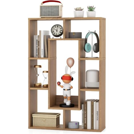 GOPLUS Libreria Geometrica da 90 cm, Libreria con Schienale Aperto e 7 Cubi, Scaffale Autoportante con Dispositivi Antiribaltamento, Organizzatore a Pavimento per la Casa (Naturale)