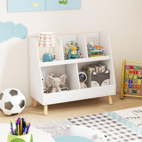 GOPLUS Libreria per Bambini, Organizzatore per Giochi con 5 Cubi Aperto e Gambe di Legno Massello, Scaffale per Libri in Legno a 2 Livelli con Kit Anti-ribaltamento per Asilo, Stanza dei Giochi