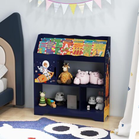 GOPLUS Libreria per Bambini, Scaffale per Giocattoli, 1 Scomparto con Porta e 3 Scomparti Aperti, 3 File di Divisori per Libri, (Blu - Astronauta)