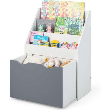 GOPLUS Libreria per Bambini, Scaffale per Giocattoli con 3 Scomparti e Cassetto Estraibile, Organizzatore di Giocattoli con 4 Ruote Universali, Maniglie Ritagliate per Bambini da 3 a 6 Anni