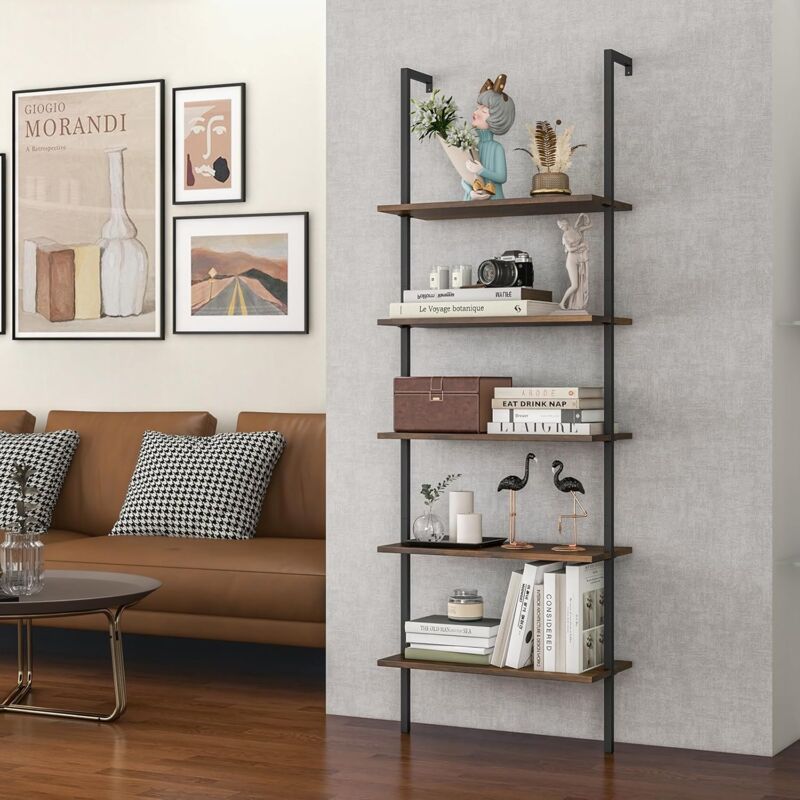 Goplus - tagère à Échelle 5 Niveaux H.180CM-Structure Acier Doré Industriel-Support de Présentation-Étagère de Rangement Noir+Marron