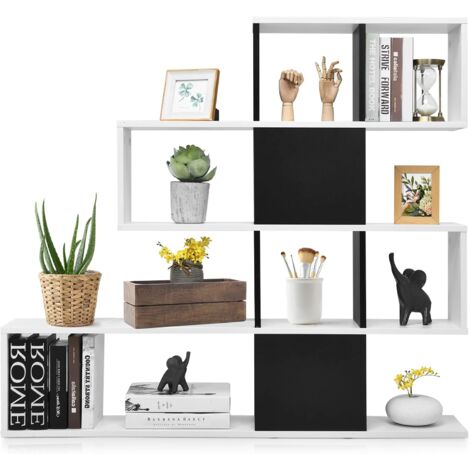 GOPLUS Libreria Versatile con 10 Divisori Aperti, Scaffale a Scaletta con Superficie Impermeabile, Base e Antiribaltamento, Idea per Soggiorno, 120 x 19,5 x 109 cm (NERO+BIANCO)
