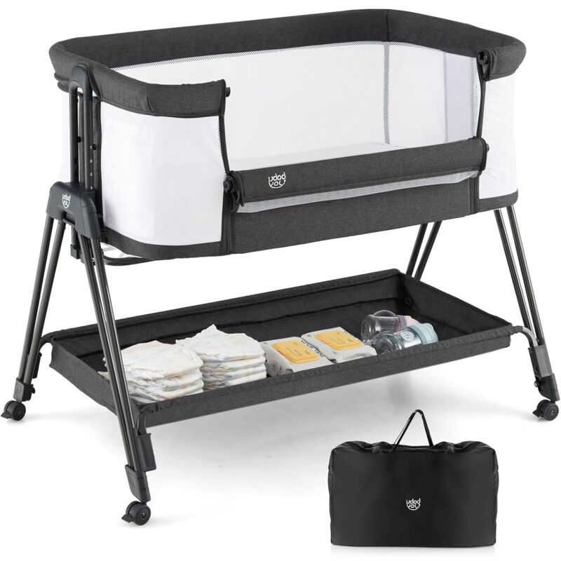 Goplus - Lit Bébé avec Matelas,Lit Cododo avec Inclinaison& 7 Hauteur Réglable&étagère de Rangement,0-6 Mois, Gris Foncé