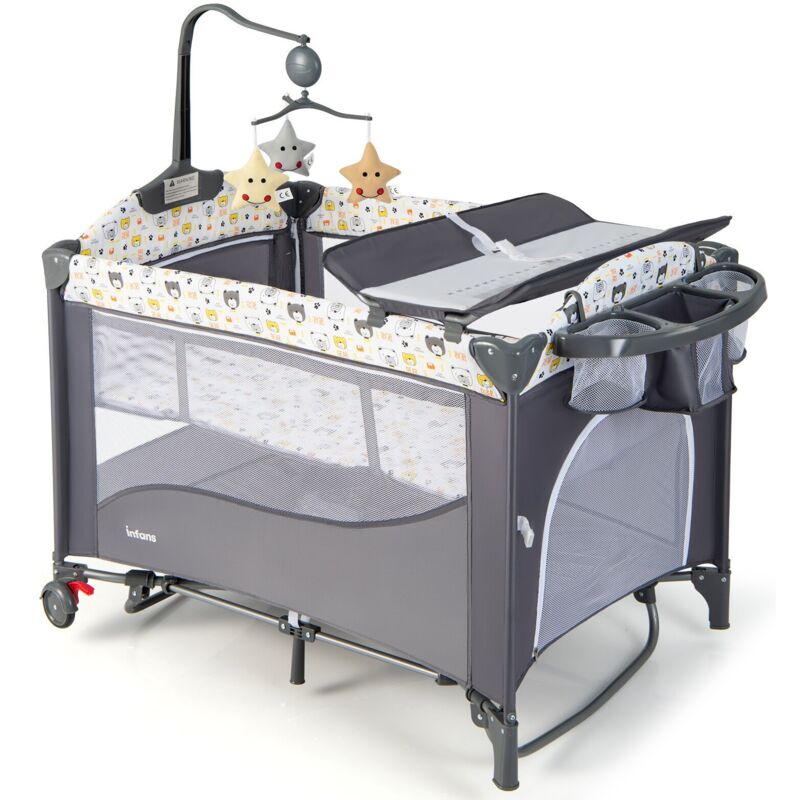 Goplus - Lit Bébé Parapluie, avec Matelas et Sac, Lit Bébé de Voyage Compact, pour 0-3 Ans Jusqu'à 30 kg, 125x65x76 cm, Gris