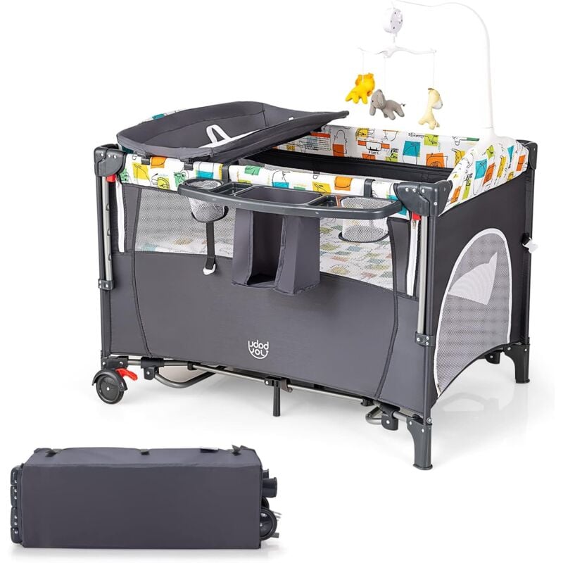 Goplus - Lit Bébé 5 en 1 Pliable et Portable avec Table à Langer, Fonction de Berceau, d'Enceinte d'Activités, Berceau Cododo Bébé Réglable en