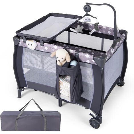GOPLUS Lit Bébé Portable, Parc Bébé Multifonctionnel 3 en 1, Couffin Amovible, Table à Langer, Matelas, Jouets Suspendus, Boîte à Musique, Couffin Pliable, Sac de Transport (Gris)