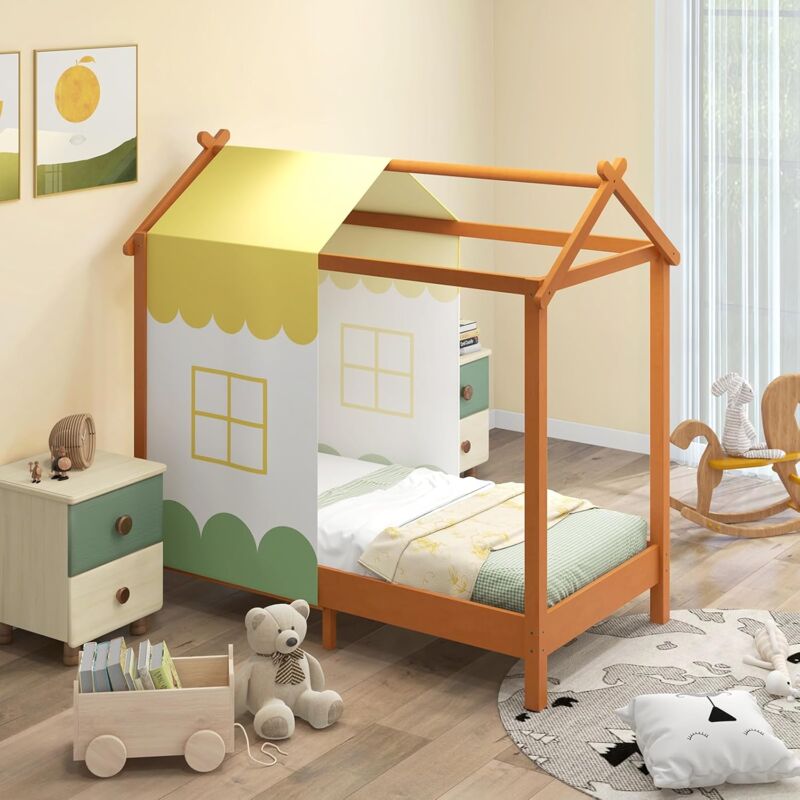 Goplus - Lit Cabane Enfant 1-7 Ans 140x70CM-Charge 100KG-Lit à Baldaquin Enfants-Cadre de Lit Enfant Forme de Maison