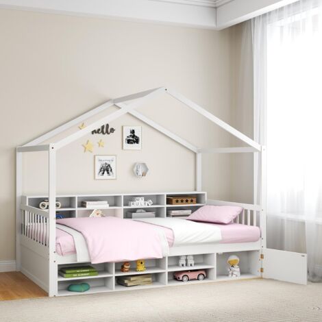 Goplus – Lit cabane enfants 90 x 200 cm – Cadre en bois massif avec 14 casiers de rangement – Charge 200 kg – Espace de couchage semi-fermé