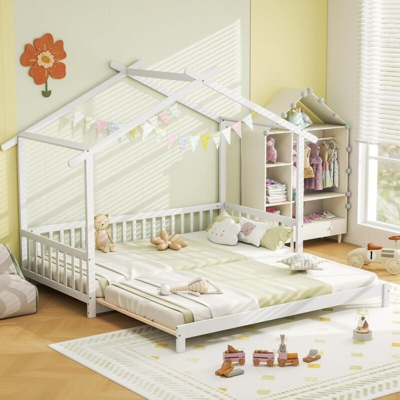Lit Cabane Enfants,Lit Enfants 2 Place Plateforme Extensible, Lit Jumeuax avec Clôture, Design Bas au Sol, pour Adolescents, Filles et Garçons,