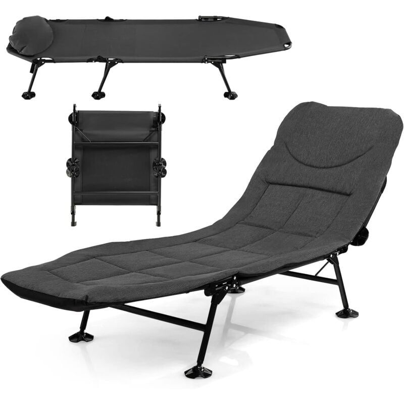 Goplus - Lit de Camping Pliable avec Dossier Réglable, Matelas Amovible et Oreiller, Chaise Longue Inclinable, Charge 200KG, Gris
