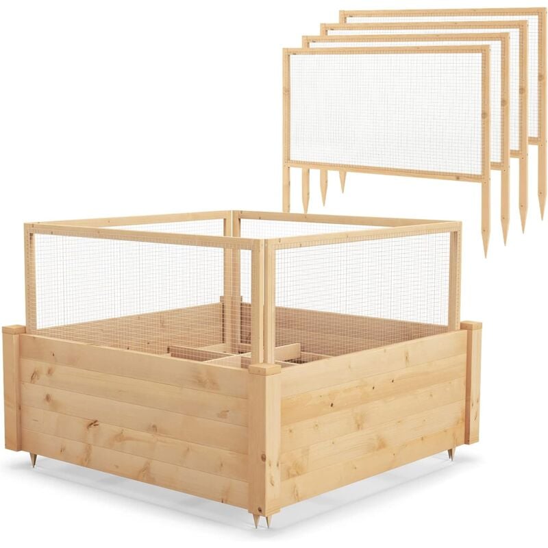 Lit de Jardin en Bois avec Clôture en Grillage & Base Ouverte, Jardinière Surélevée avec Différentes Zones de Plantation - Goplus