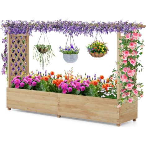GOPLUS Lit de Jardin Surélevé avec Treillis, Jardinière Surélevée en Bois avec Toit Suspendu pour Plantes Grimpantes, Fleurs, Trous de Drainage pour Jardin, Terrasse