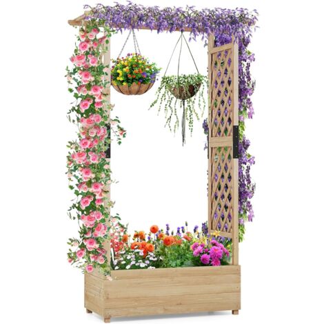 GOPLUS Lit de Jardin Surélevé avec Treillis, Jardinière Surélevée en Bois avec Toit Suspendu pour Plantes Grimpantes, Fleurs, Trous de Drainage pour Jardin, Terrasse, Naturel