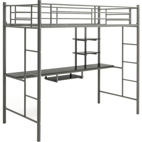 GOPLUS Lit Mezzanine en Métal avec Bureau, Lit Superposé 2 en 1 avec Poste de Travail, Cadre de Lit Superposé(Argent)
