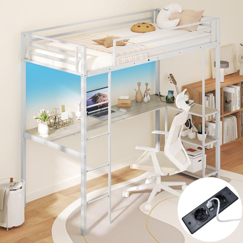 Goplus - Lit Mezzanine en Métal avec Échelle-200×90CM,avec Station de Charge,Lumières Ambiance et Bureau d'Angle l 3 Étagères,Blanc