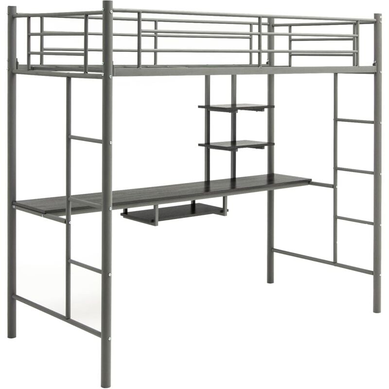 Lit Mezzanine en Métal avec Bureau, Lit Superposé 2 en 1 avec Poste de Travail, étagères de Rangement, 2 échelles, (Argent) - Goplus