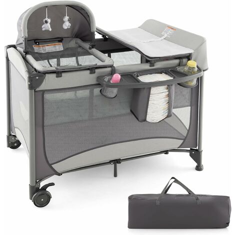 Goplus – Lit parapluie bébé 0 à 36 mois – Lit pliant hauteur réglable – 5 en 1 avec table à langer, matelas, sac portable, jouets – Gris - 1-Table