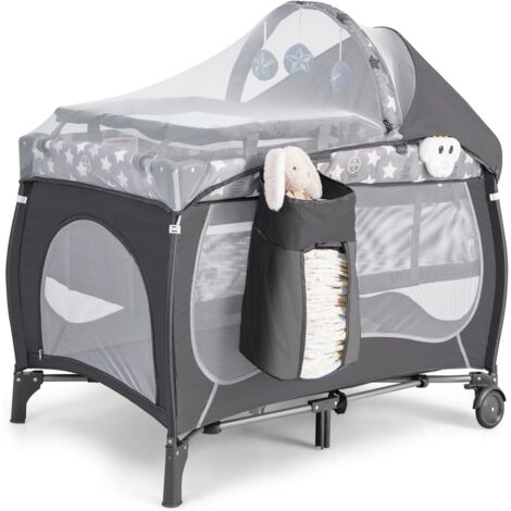 GOPLUS Lit Parapluie Bébé avec Matelas, Boîte à Musique, 3 Jouets, Sac de Transport & Sac Latéral, pour 0-3 Ans, Gris