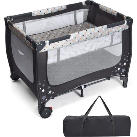 Goplus – Lit parapluie bébé double couche 125x65x76cm – Roulettes avec freins – Maille respirante – Matelas confortable – Sac de rangement