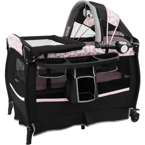 GOPLUS Lit Parapluie Bébé Pliable avec Matelas, Berceau Bébé Evolutif avec Table à Langer, Boîte à Musique et Roues Verrouillables, Lit de Voyage avec Sac de Transport pour 0-3 Ans (Noir-Rose)