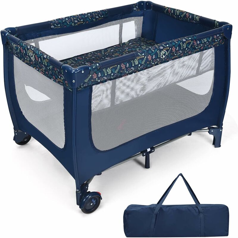GOPLUS  ? Lit parapluie b&eacute;b&eacute; double couche 125x65x76cm ? Tissu oxford doux ? Maille respirante ? 2 roulettes avec freins ? Pliable avec sac de