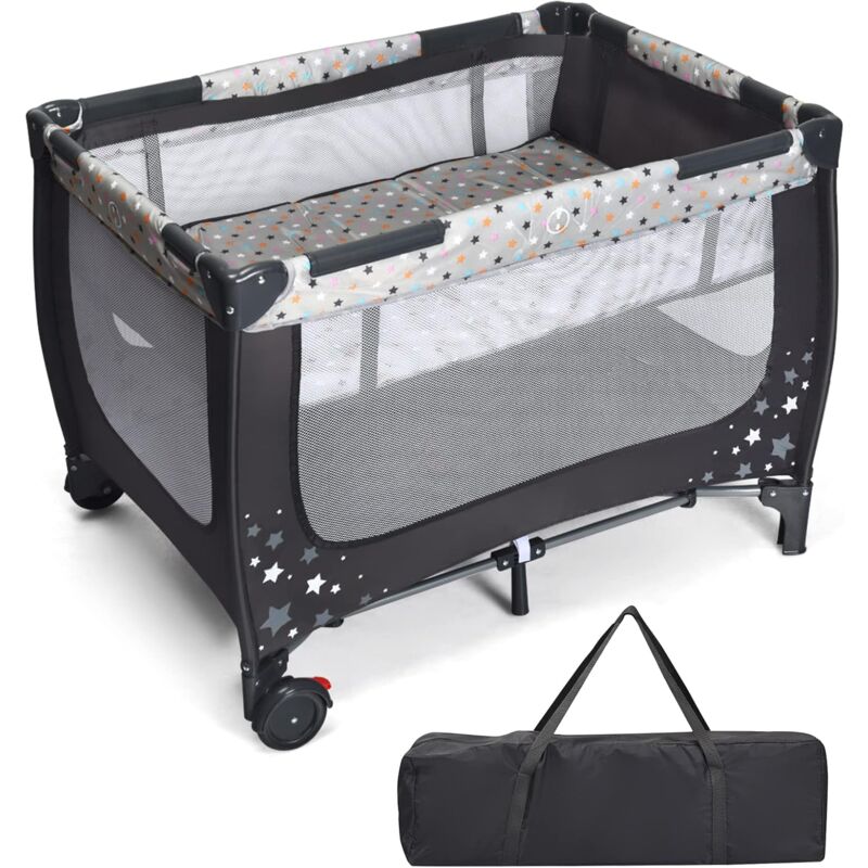 GOPLUS  ? Lit parapluie b&eacute;b&eacute; double couche 125x65x76cm ? Roulettes avec freins ? Maille respirante ? Matelas confortable ? Sac de rangement