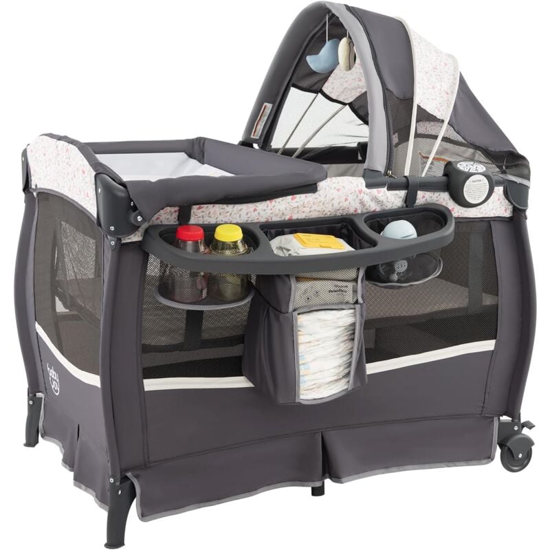 GOPLUS Lit Parapluie Bébé Pliable avec Matelas, Berceau Bébé Evolutif avec Table à Langer, Boîte à Musique et Roues Verrouillables, Lit de Voyage