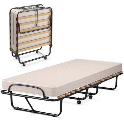 Goplus – Lit pliant 183 x 80 cm – Matelas en mousse à mémoire de forme 7 cm – Cadre en acier 25 mm – 4 roulettes pour mobilité – Fabriqué en Italie