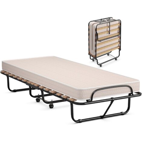 Goplus – Lit pliant 190x80cm avec matelas en mousse 10cm – Structure acier avec 15 lattes – Roulettes pivotantes pour mobilité – Fabriqué en Italie
