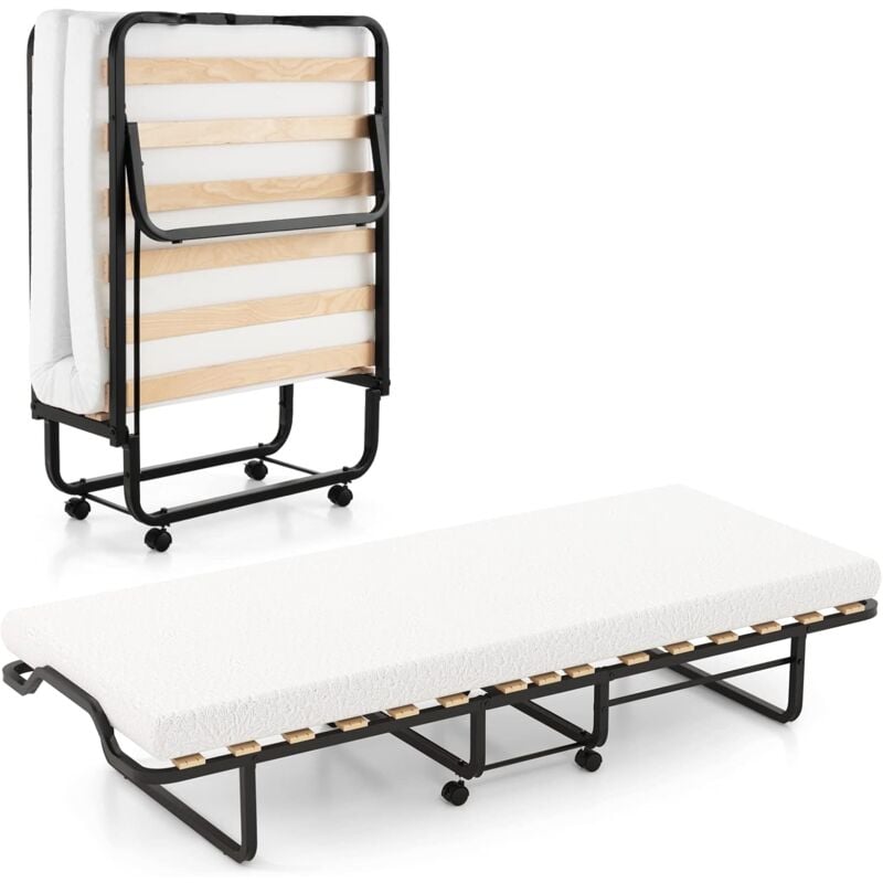 Goplus - Lit Pliant 200x80x38cm avec Matelas en Mémoire de Forme,Charge 220KG,Cadre en Acier/15 Lattes/4 Roulettes Universelles, Blanc
