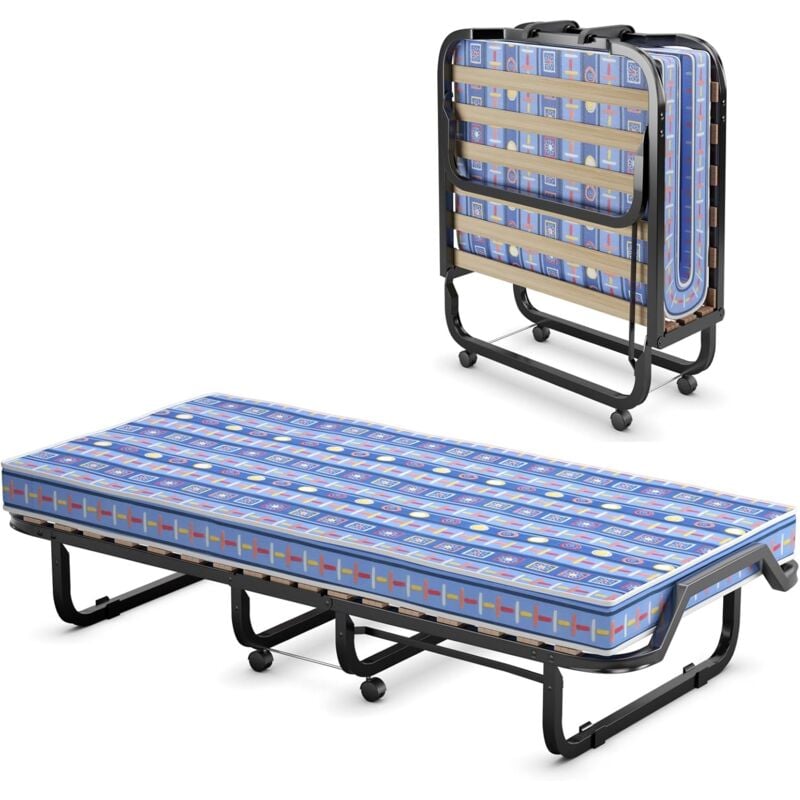 Lit d'Appoint Pliable 80x200cm avec Matelas en Mémoire 10 cm pour 1 Personne, Lit Pliant à roulettes Charge 120kg pour Invités et Othopédiques et