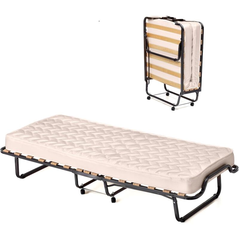 Goplus - Lit Pliant à Roulettes avec Matelas 10CM - 200x80CM Charge 120KG - à Lattes en Bois Matelas en Mémoire de Forme(Vague)