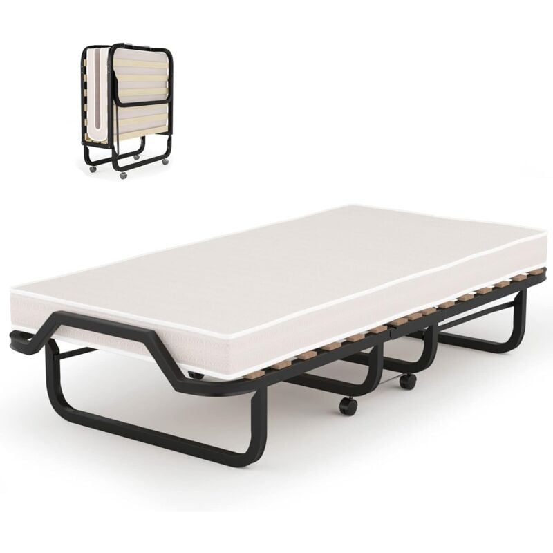 GOPLUS Lit d’Appoint Pliable 200x80cm avec Matelas en Mémoire 10 cm pour 1 Personne, Lit Pliant à roulettes Charge 120kg pour Invités et Othopédiques