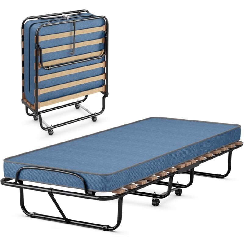 Goplus - Lit Pliant 185x80cm avec Matelas de 6,5cm 15 Lattes, 4 roulettes, Lit d'Appoint avec Matelas en Mémoire 1 Personne, Charge 120kg,pour