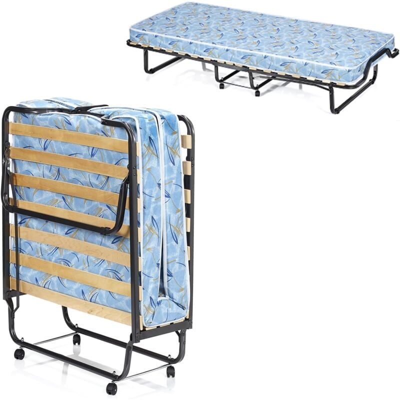 Lit Pliant avec Matelas 17 Lattes, avec 4 roulettes Pivotantes, Tuyeaux 25 mm en Metal Durable, Matelas de 10 cm Epais, 90 x 200 cm, Fabriqué en